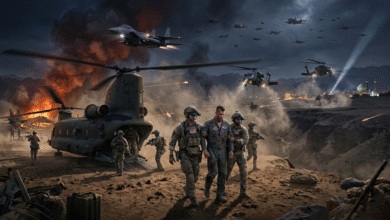 لقطة سينمائية لعملية إنقاذ ليلية لطيار أمريكي مصاب من قبل فرق خاصة من قلب تضاريس جبلية إيرانية، مع ظهور طائرة F-15 وتفجيرات في الخلفية.