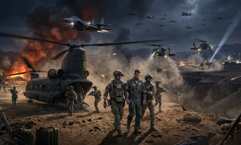 لقطة سينمائية لعملية إنقاذ ليلية لطيار أمريكي مصاب من قبل فرق خاصة من قلب تضاريس جبلية إيرانية، مع ظهور طائرة F-15 وتفجيرات في الخلفية.