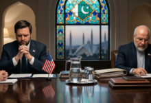 مشهد سينمائي يُظهر وفدين دبلوماسيين أمريكياً وإيرانياً يجلسان في قاعة اجتماعات فخمة في إسلام آباد، وبينهما حاجز من الملفات والأوراق، مما يجسد المأزق الدبلوماسي وتعثر المفاوضات.