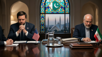 مشهد سينمائي يُظهر وفدين دبلوماسيين أمريكياً وإيرانياً يجلسان في قاعة اجتماعات فخمة في إسلام آباد، وبينهما حاجز من الملفات والأوراق، مما يجسد المأزق الدبلوماسي وتعثر المفاوضات.