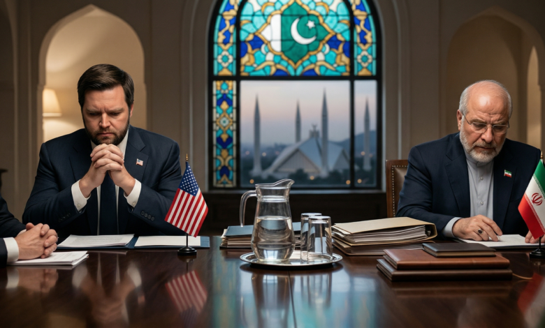 مشهد سينمائي يُظهر وفدين دبلوماسيين أمريكياً وإيرانياً يجلسان في قاعة اجتماعات فخمة في إسلام آباد، وبينهما حاجز من الملفات والأوراق، مما يجسد المأزق الدبلوماسي وتعثر المفاوضات.